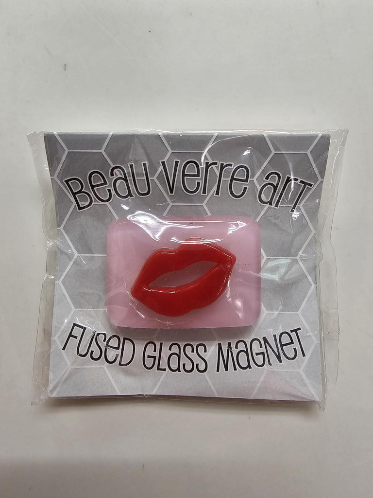BVA red lips on pink fused glass magnet