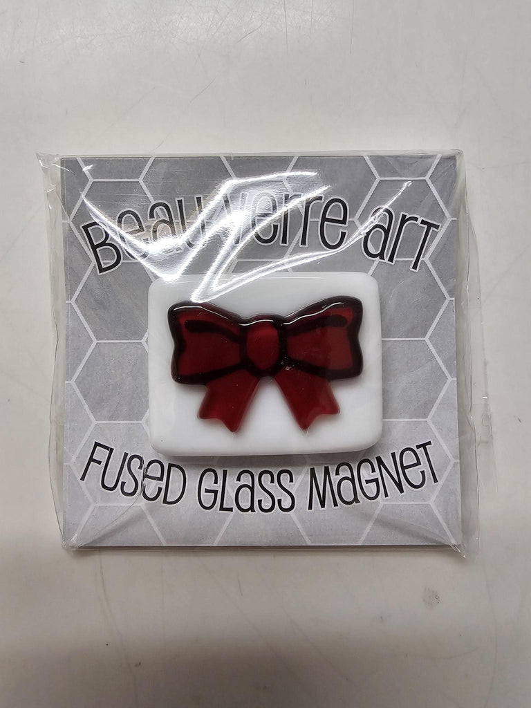 BVA red bow on white fused glass magnet