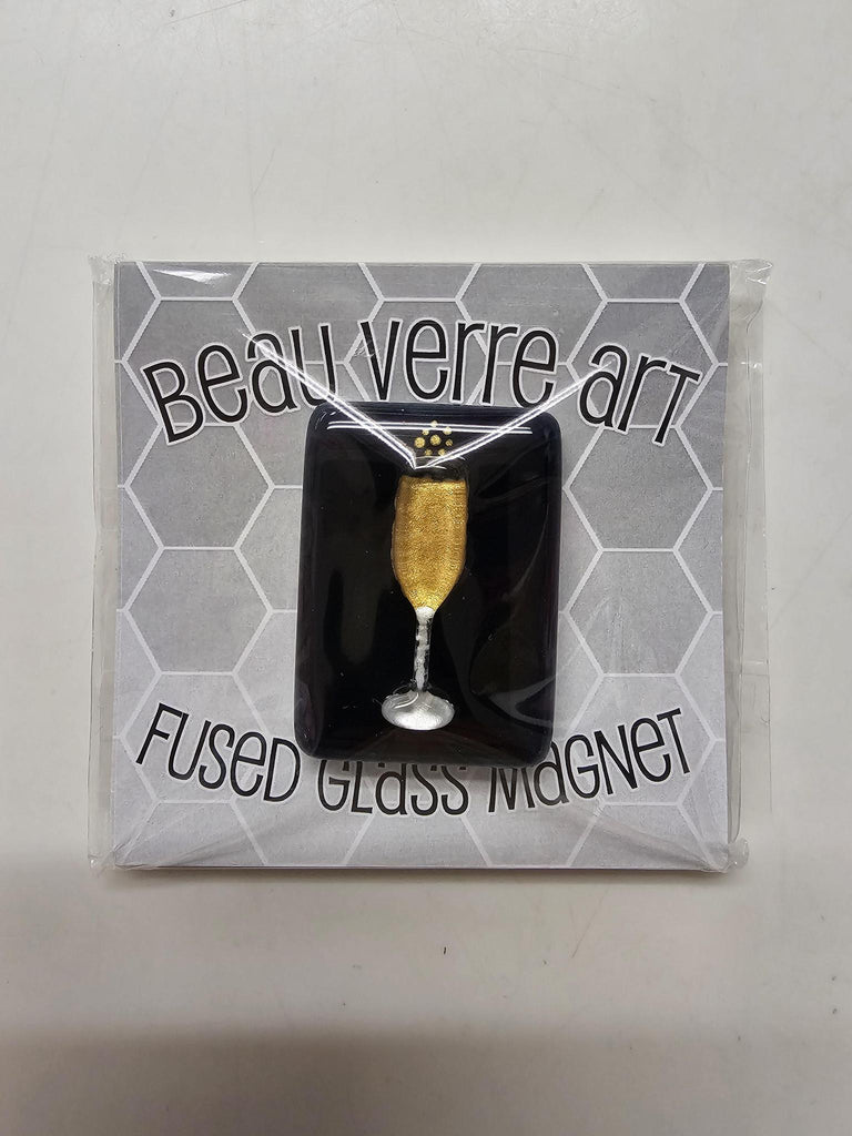 BVA Champagne glass on black fused glass magnet
