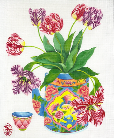 GM-PL-08 Parrot Tulips in a Peranakan Teapot w/Cup