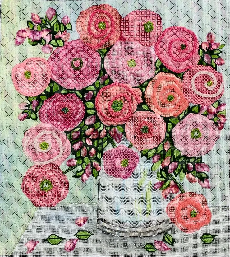 Pink Roses Canvas with stitch guide & embellishment kit