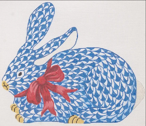 SST-332 Herend-inspired Fishnet Crouching Blue Bunny w/ Red Bow