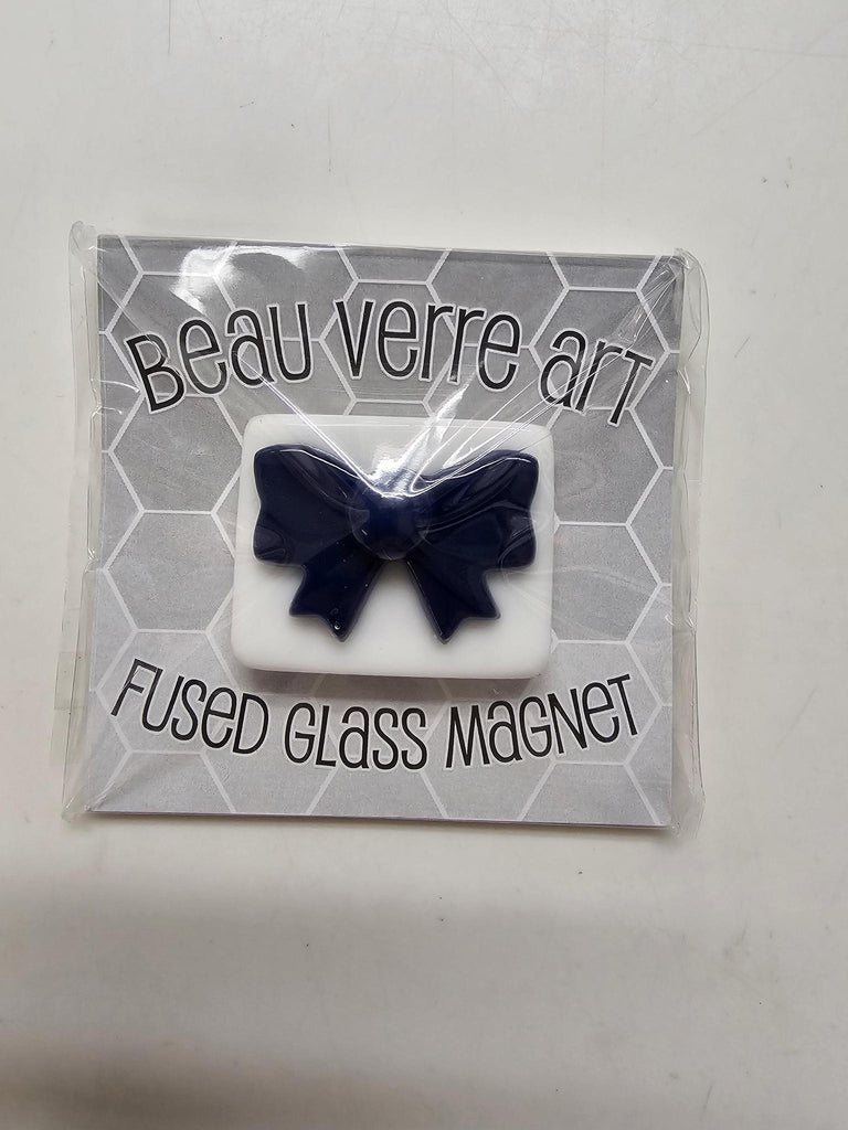BVA Dark Blue bow on white fused glass magnet