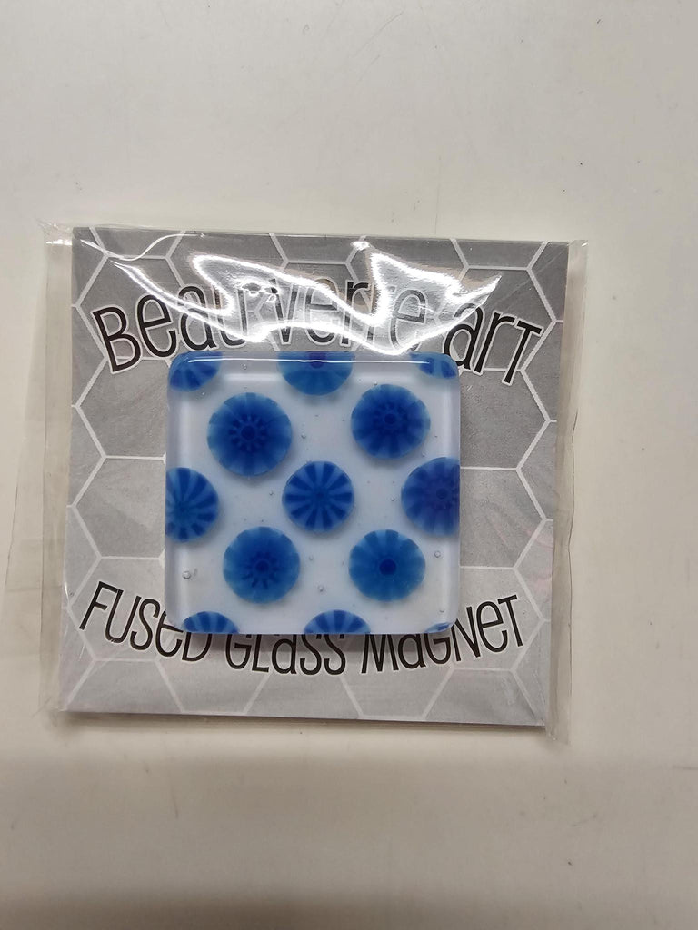 BVA Blue poppies on white fused glass magnet