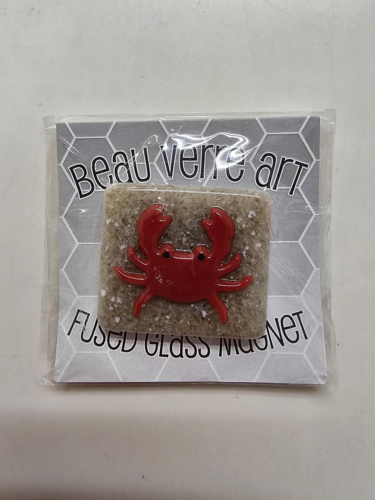 BVA red crab on sand fused glass magnet